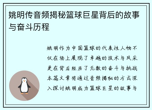 姚明传音频揭秘篮球巨星背后的故事与奋斗历程